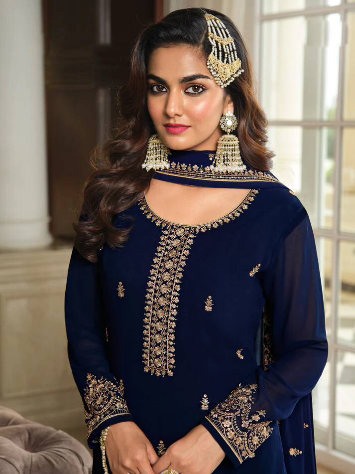 Beautiful Navy Blue Pure Organza Salwar Suit Plazzo Suit Custom Made  Punjabi Suit Ethnic Traditional Straight Kurti Pant Set. - Etsy