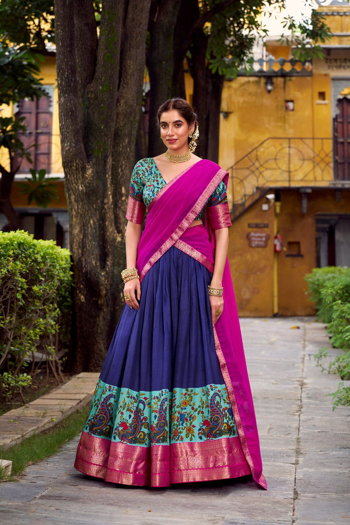 Navy Blue Elegant Aastha Silk Printed Lehenga Choli Set with Zari Weaving and Georgette Dupatta – Stitched Ensemble ClothsVilla
