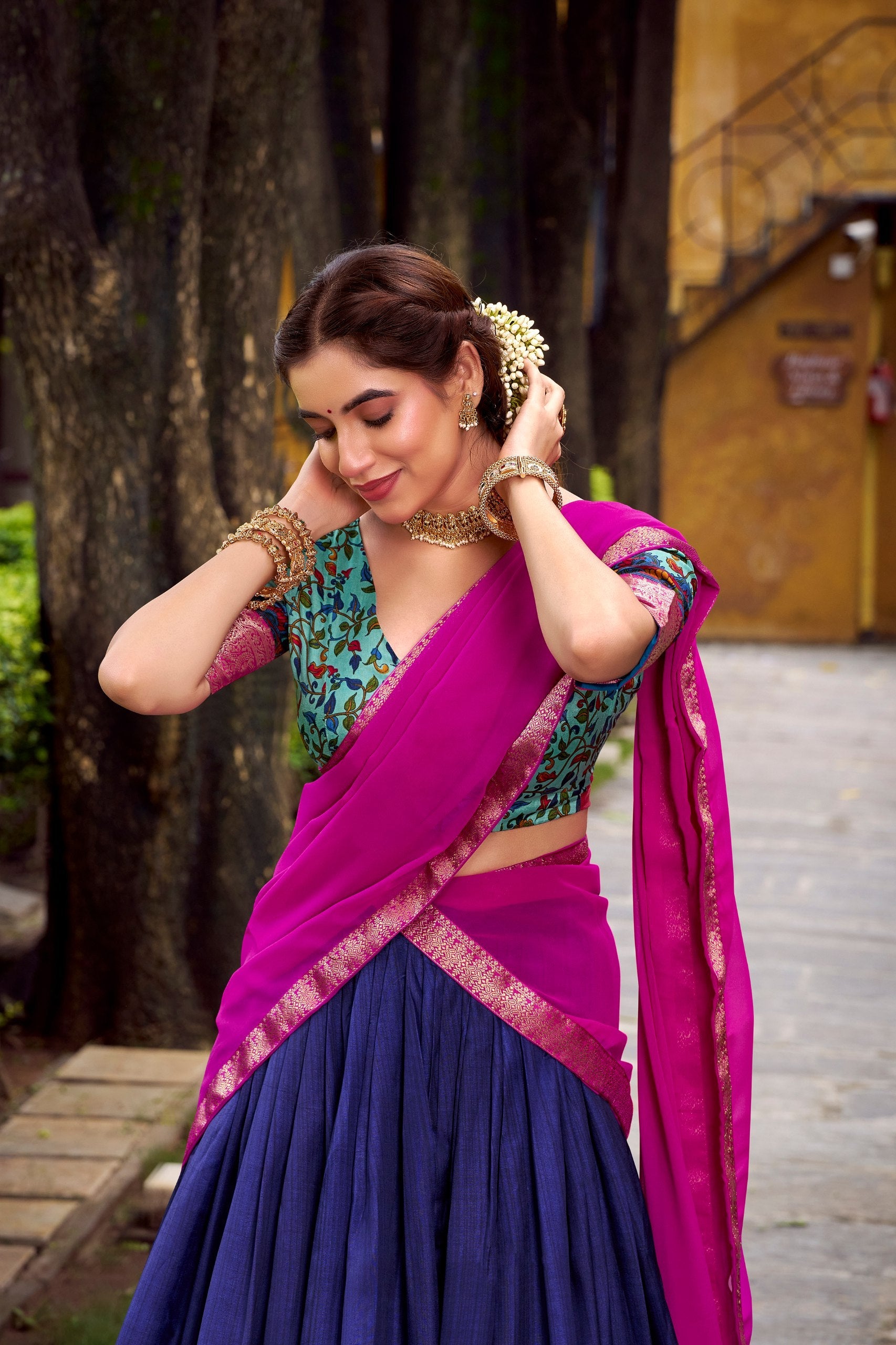 Navy Blue Elegant Aastha Silk Printed Lehenga Choli Set with Zari Weaving and Georgette Dupatta – Stitched Ensemble Secondary image
