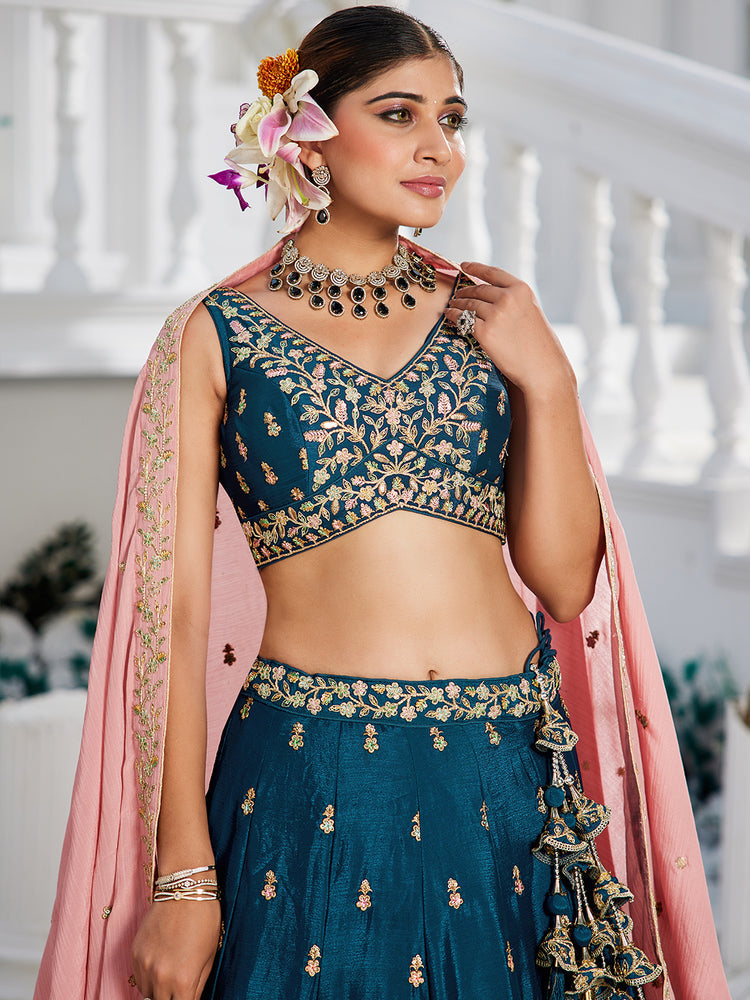 Navy Blue Elegant Chiffon Embroidered Lehenga Set with Dupatta & Blouse ClothsVilla