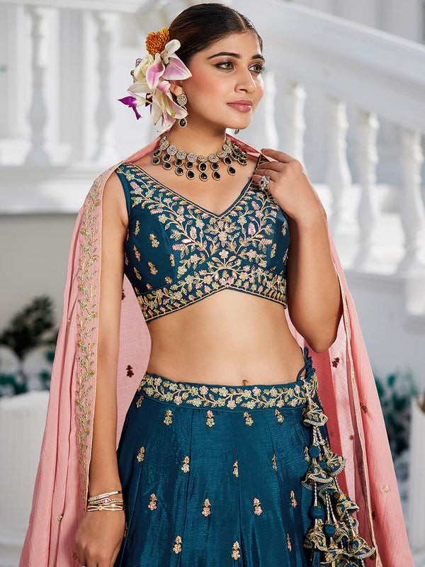 Navy Blue Elegant Chiffon Embroidered Lehenga Set with Dupatta & Blouse ClothsVilla