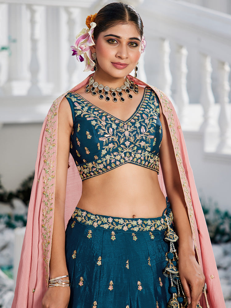 Navy Blue Elegant Chiffon Embroidered Lehenga Set with Dupatta & Blouse ClothsVilla