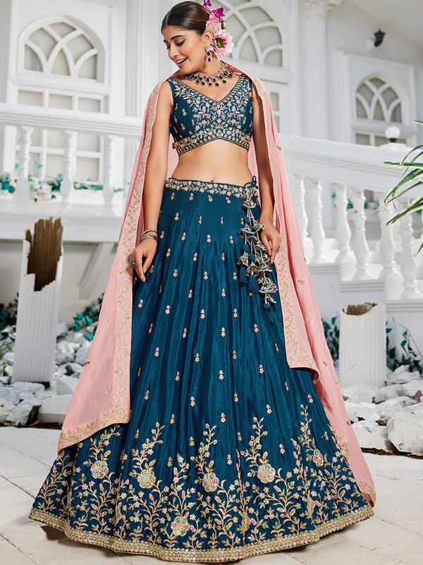 Navy Blue Elegant Chiffon Embroidered Lehenga Set with Dupatta & Blouse ClothsVilla
