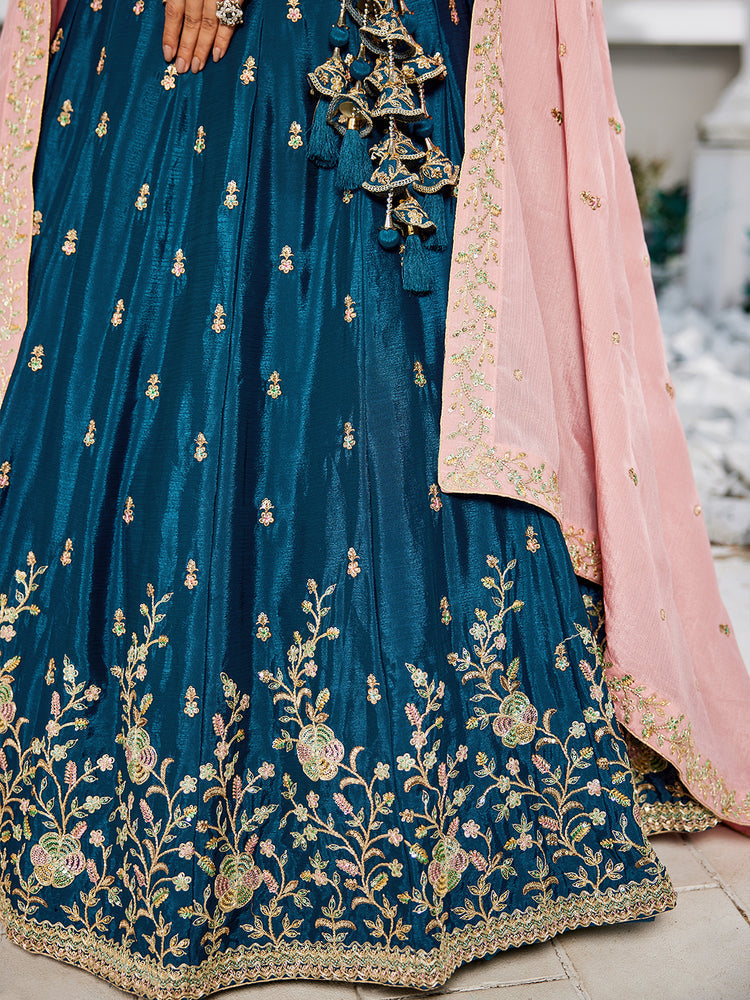 Navy Blue Elegant Chiffon Embroidered Lehenga Set with Dupatta & Blouse ClothsVilla