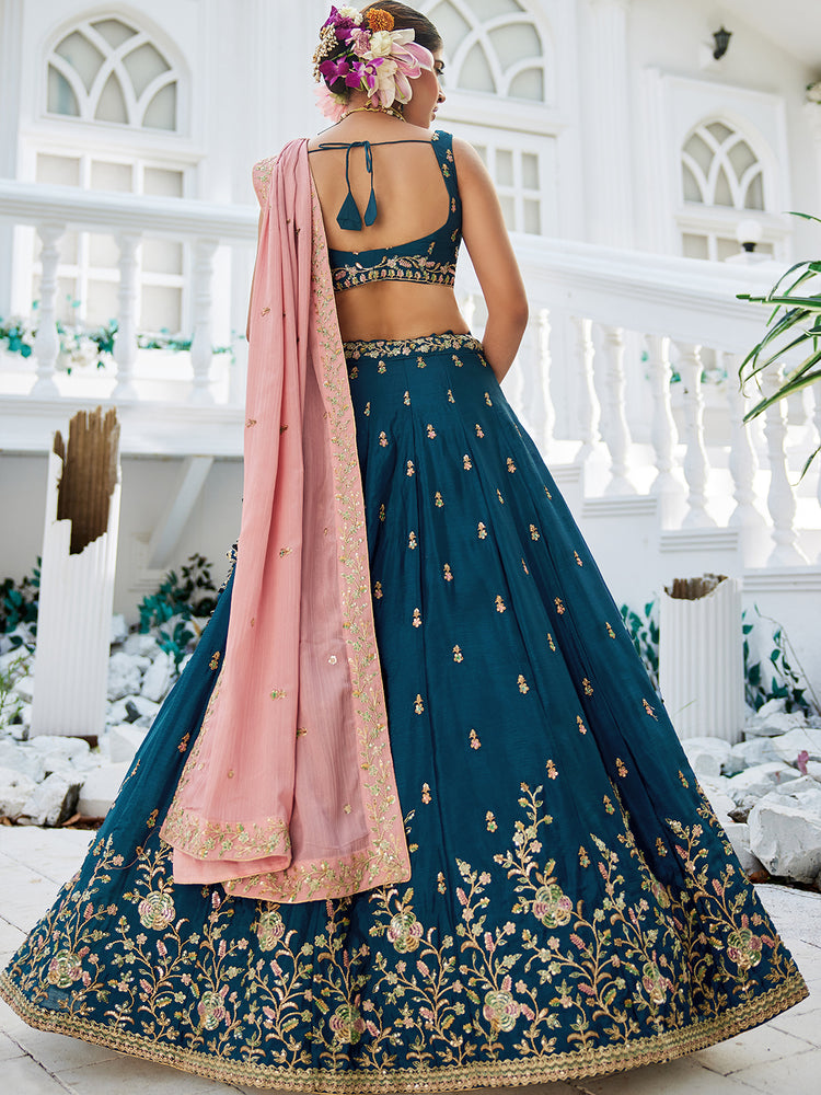 Navy Blue Elegant Chiffon Embroidered Lehenga Set with Dupatta & Blouse ClothsVilla