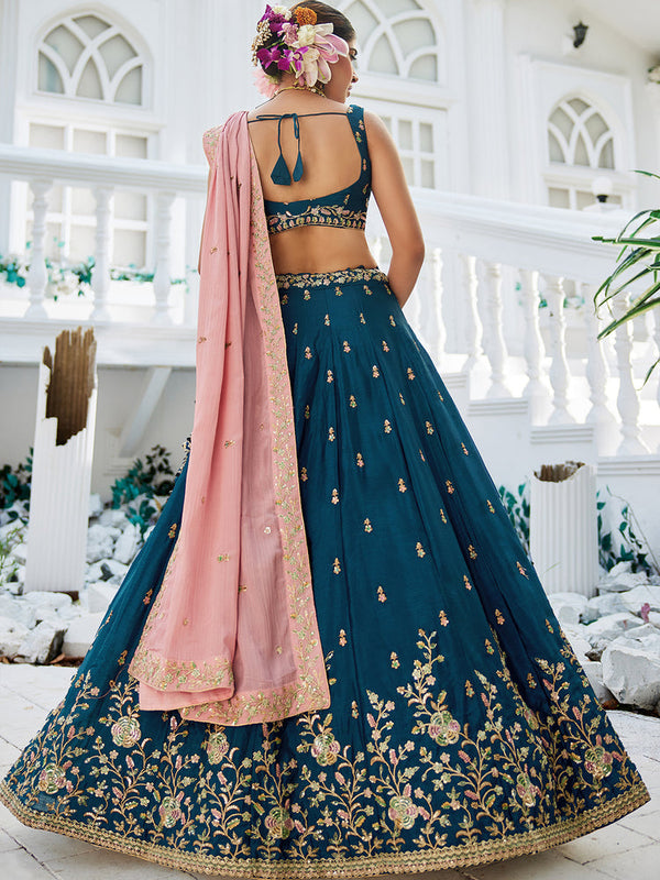 Navy Blue Elegant Chiffon Embroidered Lehenga Set with Dupatta & Blouse ClothsVilla