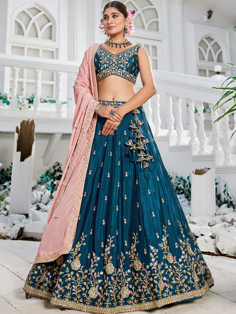 Navy Blue Elegant Chiffon Embroidered Lehenga Set with Dupatta & Blouse ClothsVilla