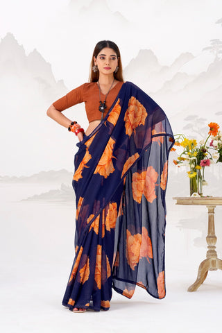 Navy Blue Elegant Chiffon Saree with Floral Print & Lace Border – Unstitched Banglory Blouse ClothsVilla