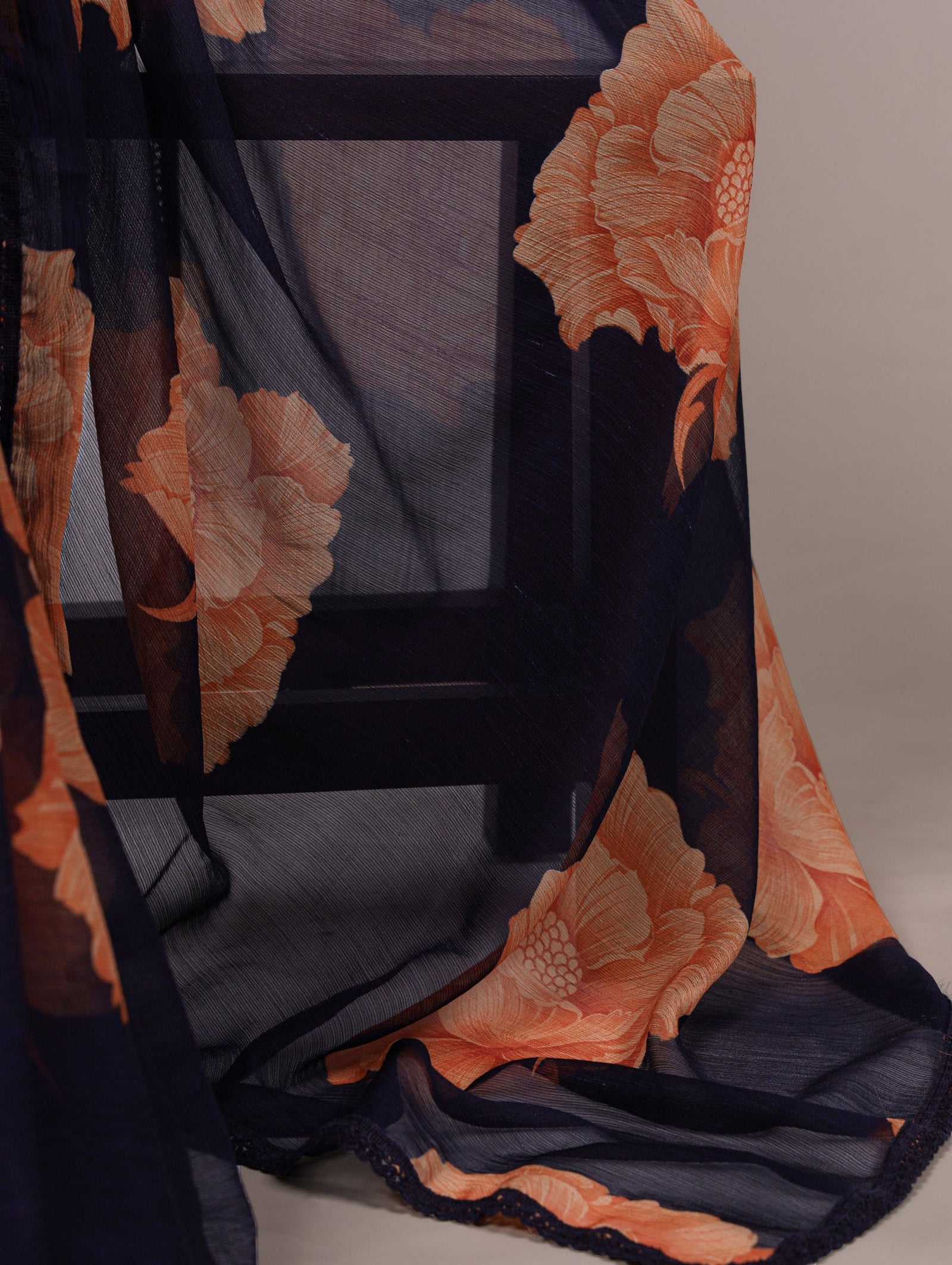 Navy Blue Elegant Chiffon Saree with Floral Print & Lace Border – Unstitched Banglory Blouse ClothsVilla