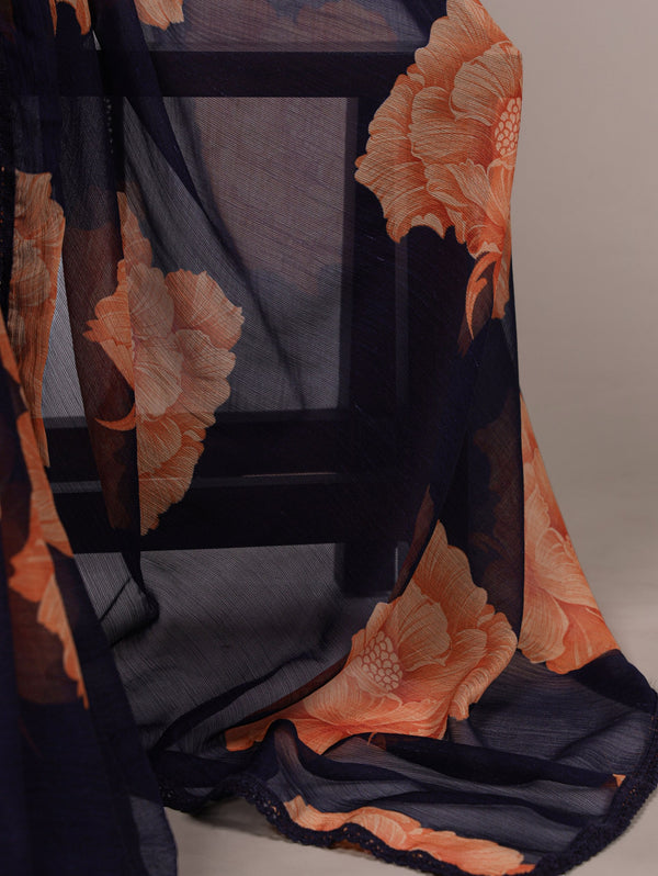 Navy Blue Elegant Chiffon Saree with Floral Print & Lace Border – Unstitched Banglory Blouse ClothsVilla