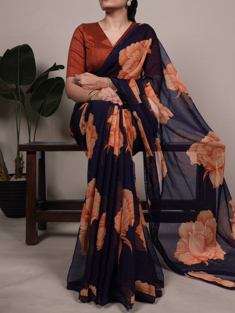 Navy Blue Elegant Chiffon Saree with Floral Print & Lace Border – Unstitched Banglory Blouse ClothsVilla