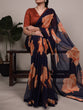 Load image into Gallery viewer, Navy Blue Elegant Chiffon Saree with Floral Print &amp; Lace Border – Unstitched Banglory Blouse ClothsVilla