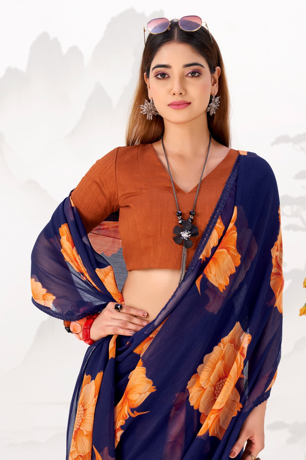 Navy Blue Elegant Chiffon Saree with Floral Print & Lace Border – Unstitched Banglory Blouse Secondary image