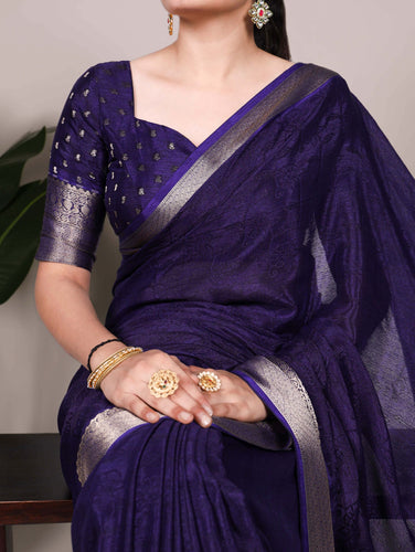 Navy Blue Elegant Chinon Saree with Self Print & Zari Weaving Work Unstitched Blouse Included ClothsVilla