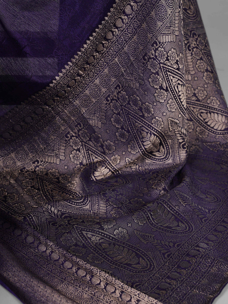 Navy Blue Elegant Chinon Saree with Self Print & Zari Weaving Work Unstitched Blouse Included ClothsVilla