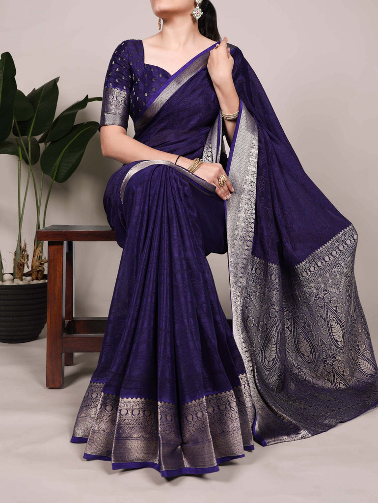 Navy Blue Elegant Chinon Saree with Self Print & Zari Weaving Work Unstitched Blouse Included ClothsVilla
