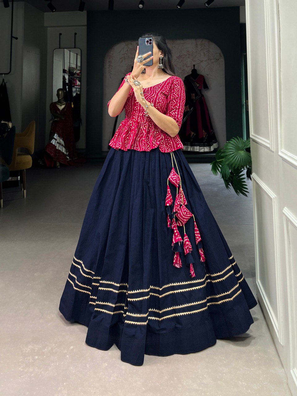 Navy Blue Elegant Cotton Co-ord Set – Bandhej & Gota Patti Charm