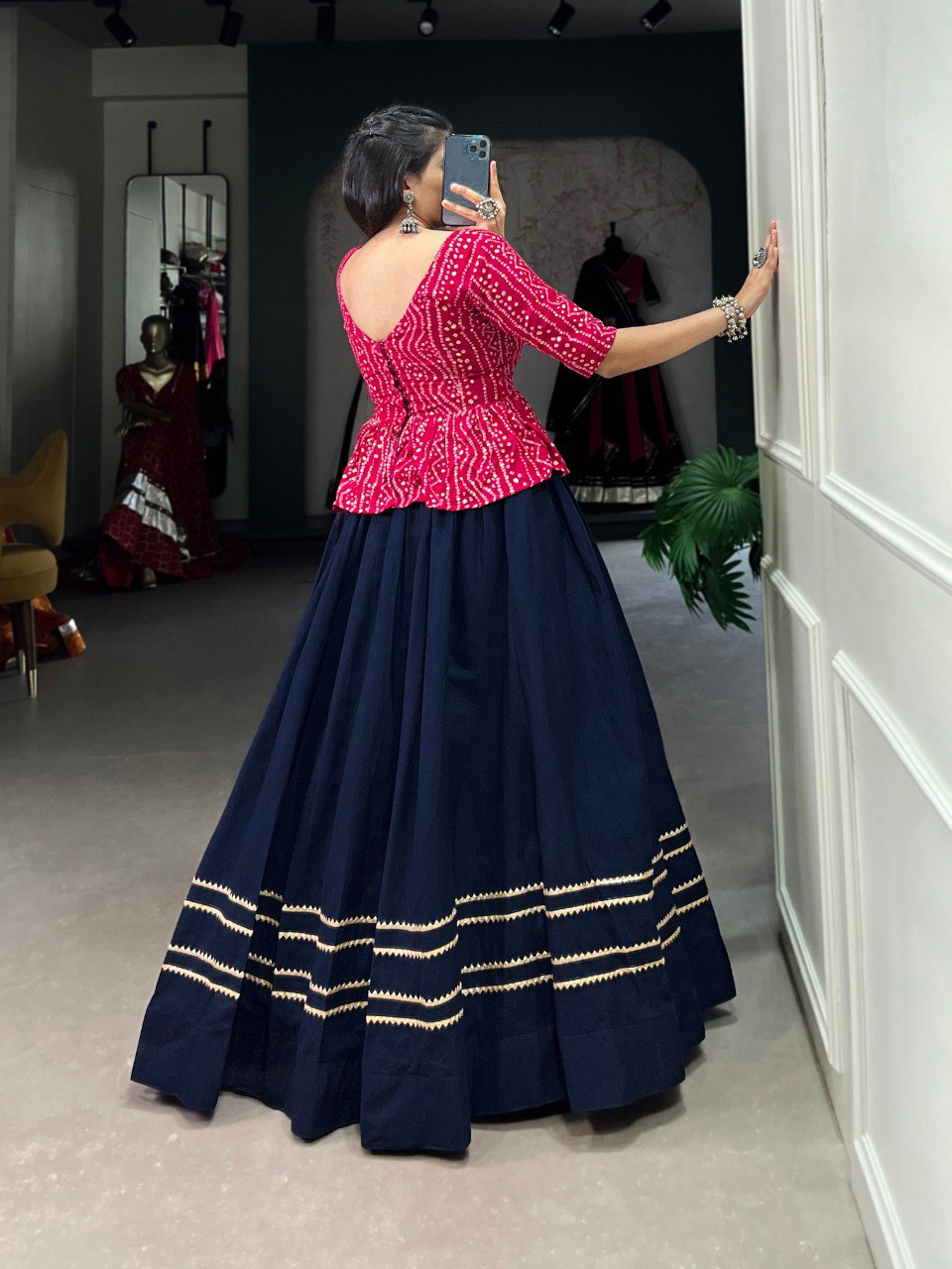 Navy Blue Elegant Cotton Co-ord Set – Bandhej & Gota Patti Charm