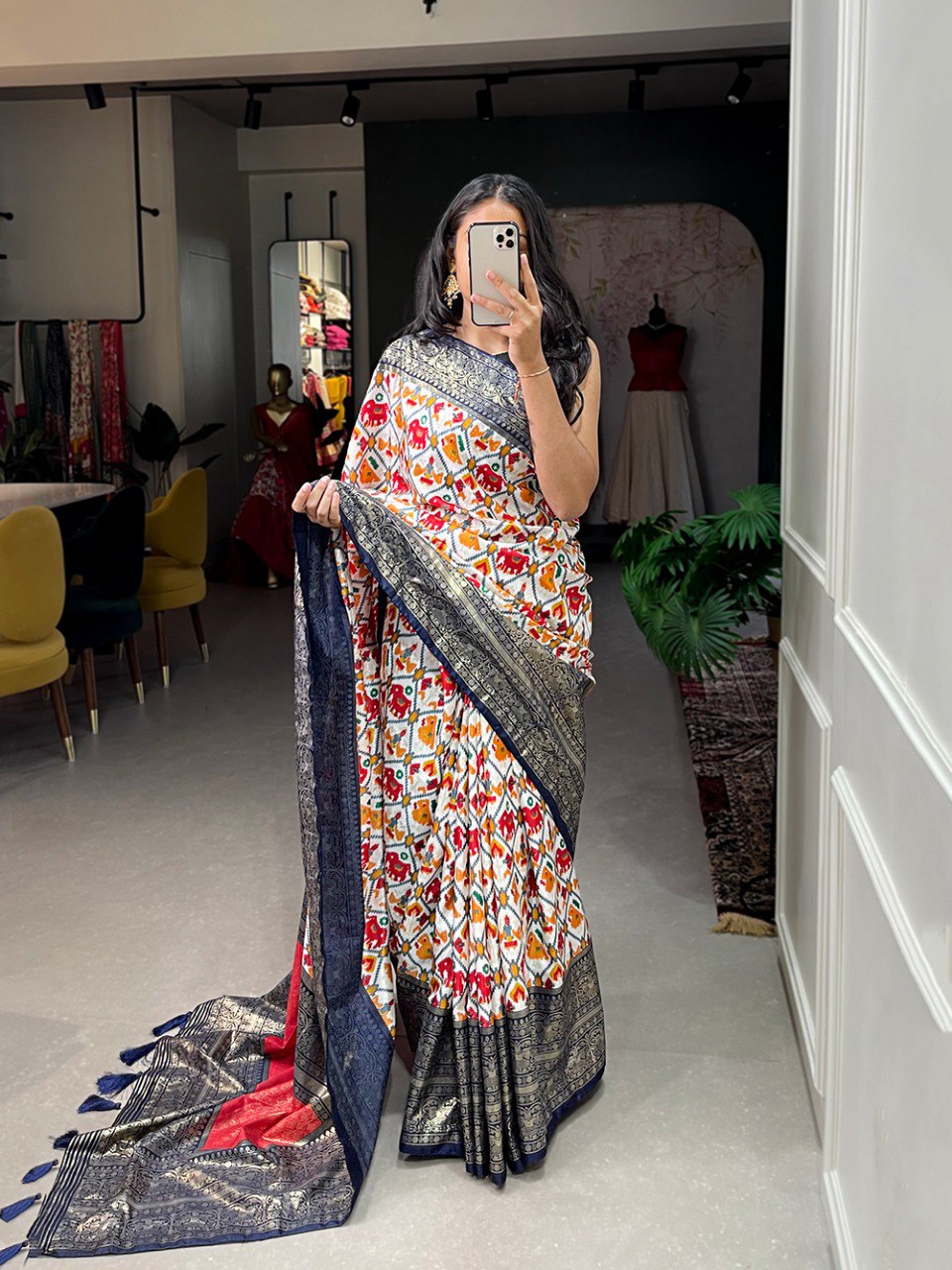 Navy Blue Elegant Dola Silk Patola Print Saree with Foil Work Border Main image