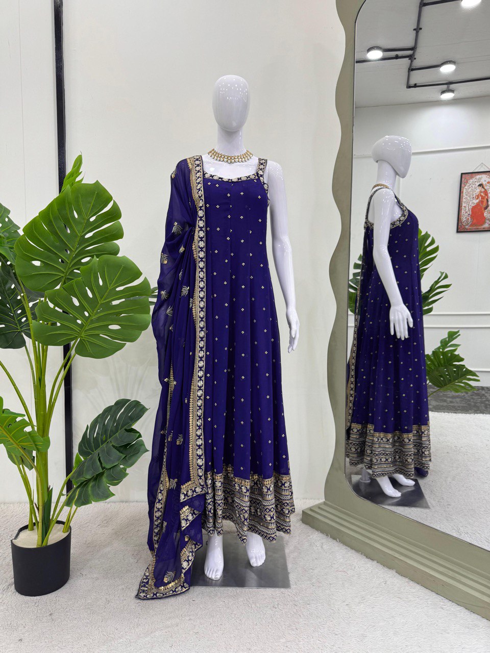 Navy Blue Elegant Faux Georgette Embroidered Gown with Dupatta ClothsVilla
