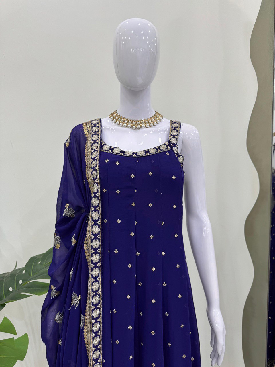 Navy Blue Elegant Faux Georgette Embroidered Gown with Dupatta ClothsVilla
