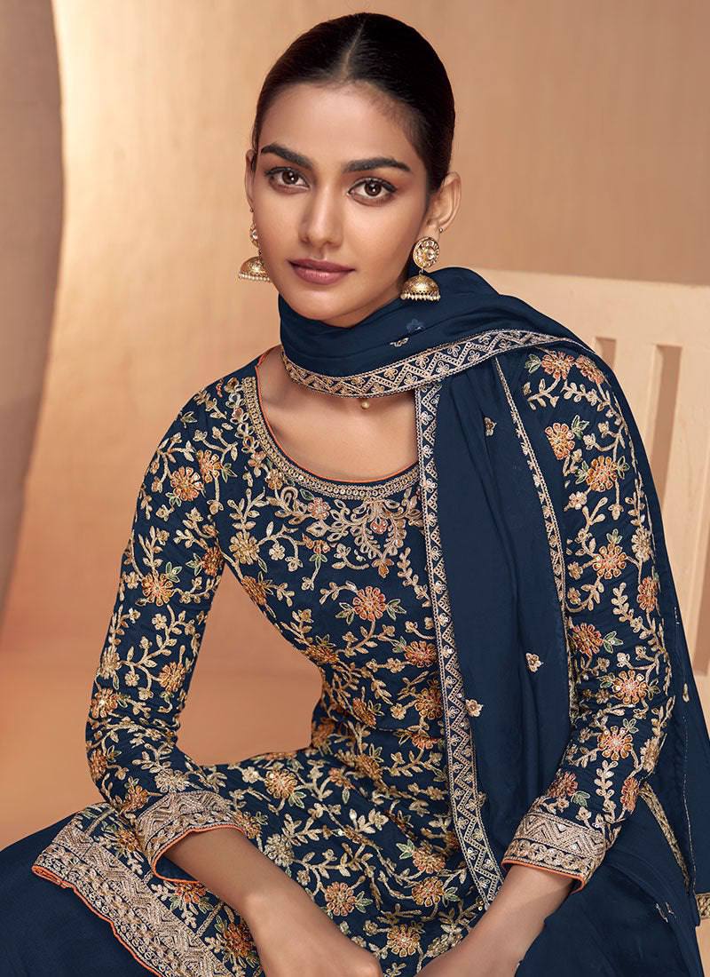 Navy Blue Elegant Full-Stitched Chinon Embroidered Suit Set with Dupatta ClothsVilla