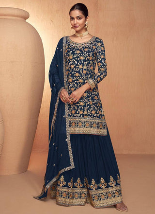Navy Blue Elegant Full-Stitched Chinon Embroidered Suit Set with Dupatta ClothsVilla