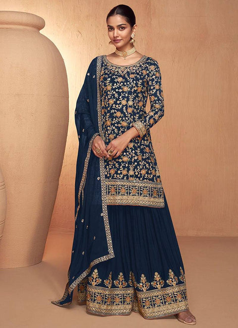Navy Blue Elegant Full-Stitched Chinon Embroidered Suit Set with Dupatta ClothsVilla Main image