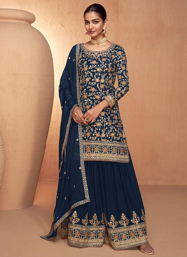 Navy Blue Elegant Full-Stitched Chinon Embroidered Suit Set with Dupatta ClothsVilla