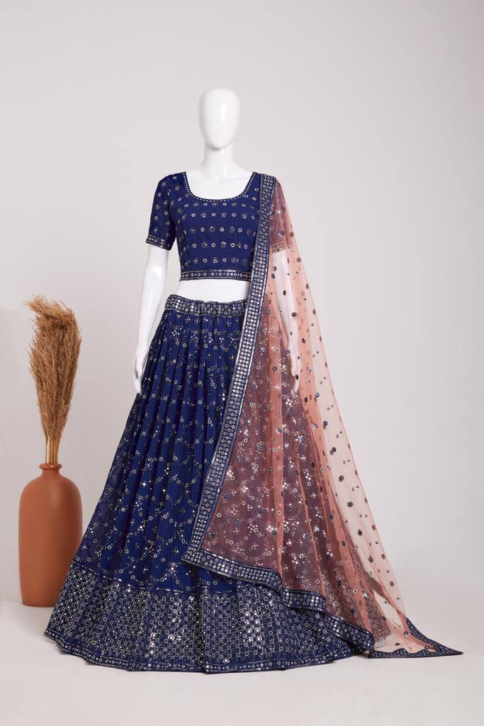 Navy Blue Elegant Heavy Georgette Embroidered Lehenga Set with Sequins & Butterfly Net Dupatta ClothsVilla Main image