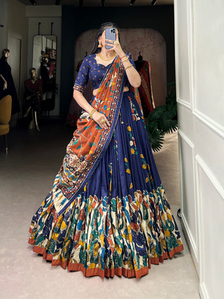 Navy Blue Elegant Kalamkari Tussar Silk Lehenga Set with Foil Work & Gotta Patti Dupatta