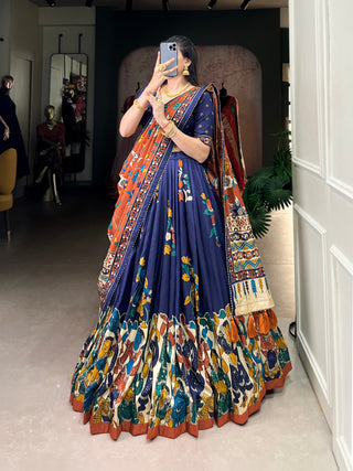 Navy Blue Elegant Kalamkari Tussar Silk Lehenga Set with Foil Work & Gotta Patti Dupatta