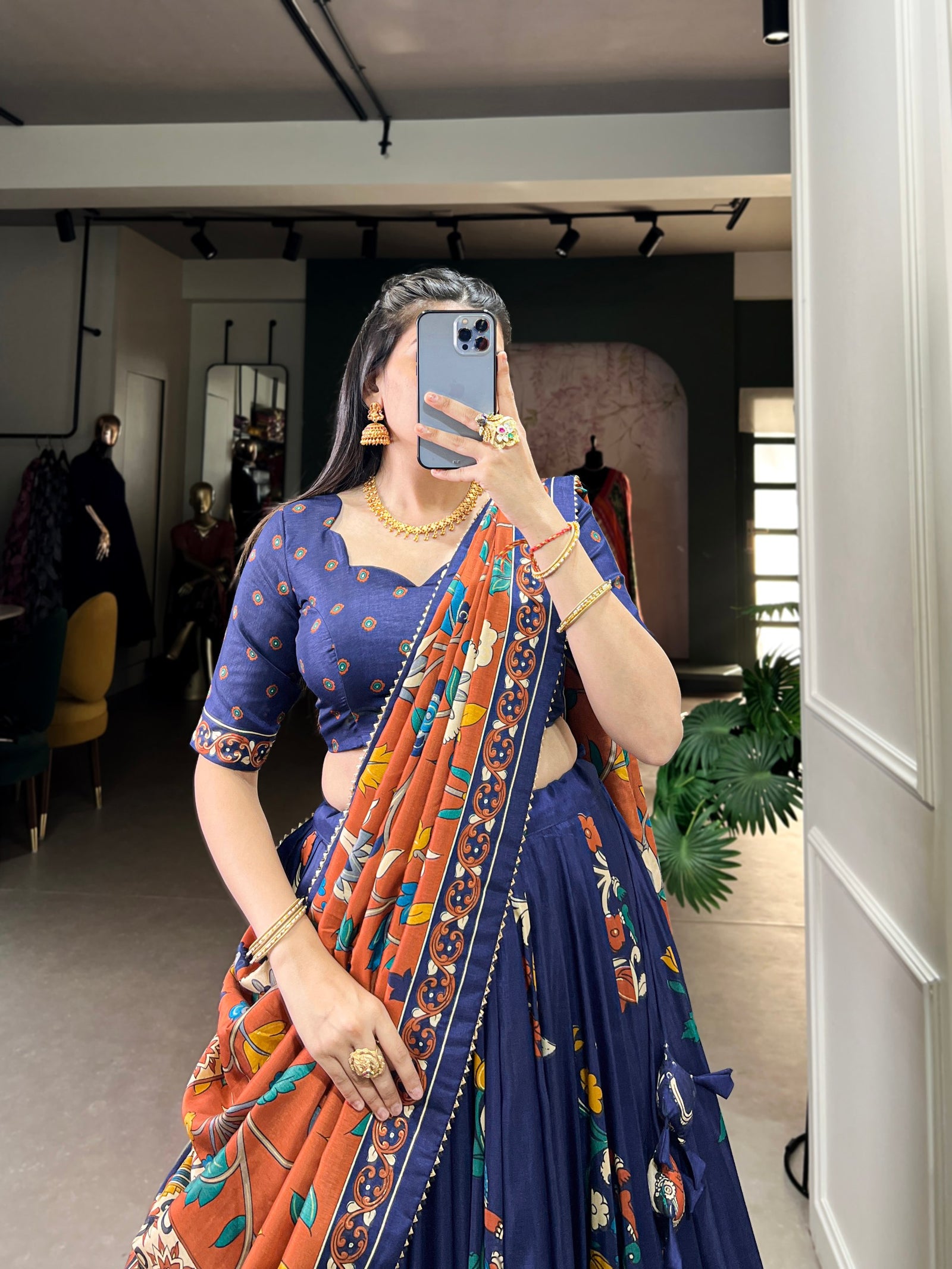 Navy Blue Elegant Kalamkari Tussar Silk Lehenga Set with Foil Work & Gotta Patti Dupatta