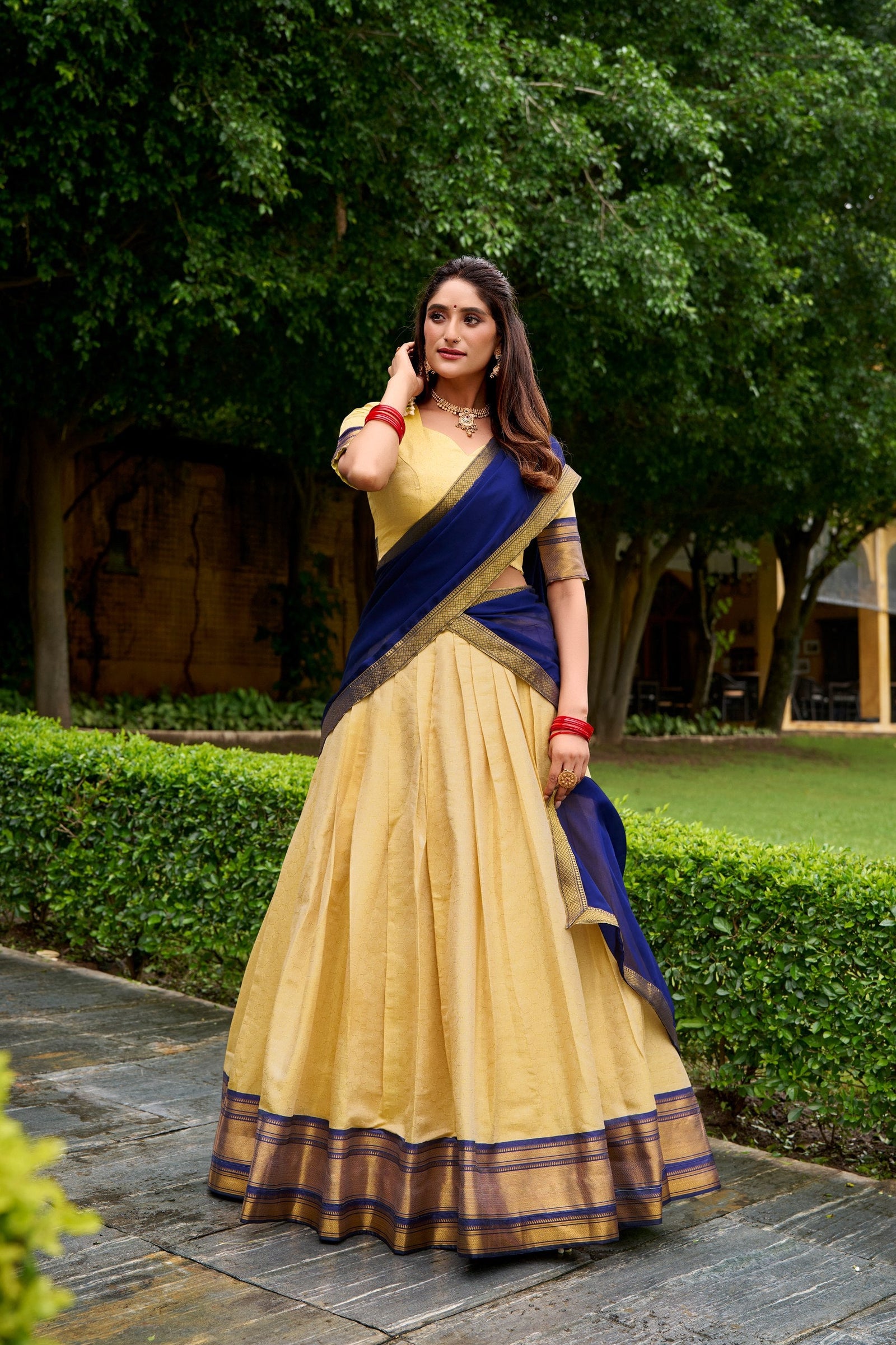 Navy Blue Elegant Kanchipuram Lehenga with Zari Weaving Work – Full-Stitched Lehenga & Blouse with Georgette Zari Dupatta ClothsVilla