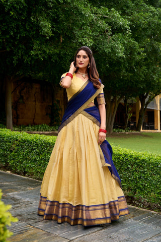 Navy Blue Elegant Kanchipuram Lehenga with Zari Weaving Work – Full-Stitched Lehenga & Blouse with Georgette Zari Dupatta ClothsVilla