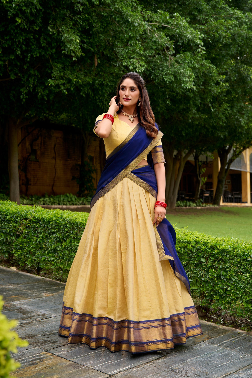 Navy Blue Elegant Kanchipuram Lehenga with Zari Weaving Work – Full-Stitched Lehenga & Blouse with Georgette Zari Dupatta ClothsVilla