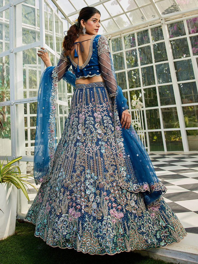 Navy Blue Elegant Multi-Color Sequin Embroidered Net Lehenga Choli Dupatta ClothsVilla