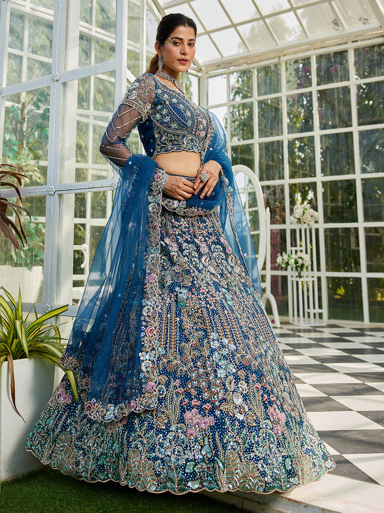 Navy Blue Elegant Multi-Color Sequin Embroidered Net Lehenga Choli Dupatta ClothsVilla