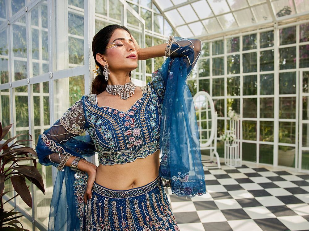 Navy Blue Elegant Multi-Color Sequin Embroidered Net Lehenga Choli Dupatta ClothsVilla
