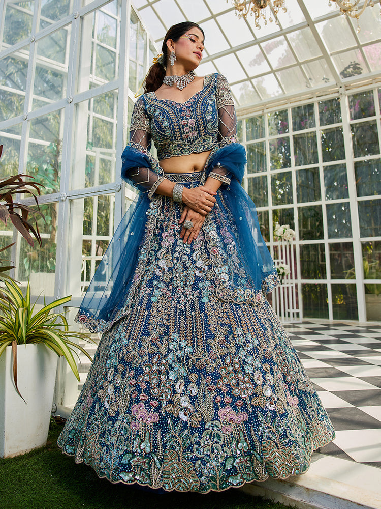 Navy Blue Elegant Multi-Color Sequin Embroidered Net Lehenga Choli Dupatta ClothsVilla