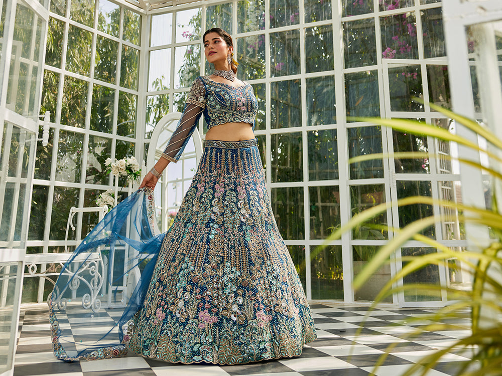 Navy Blue Elegant Multi-Color Sequin Embroidered Net Lehenga Choli Dupatta ClothsVilla