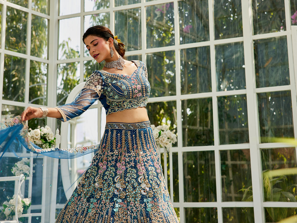 Navy Blue Elegant Multi-Color Sequin Embroidered Net Lehenga Choli Dupatta ClothsVilla