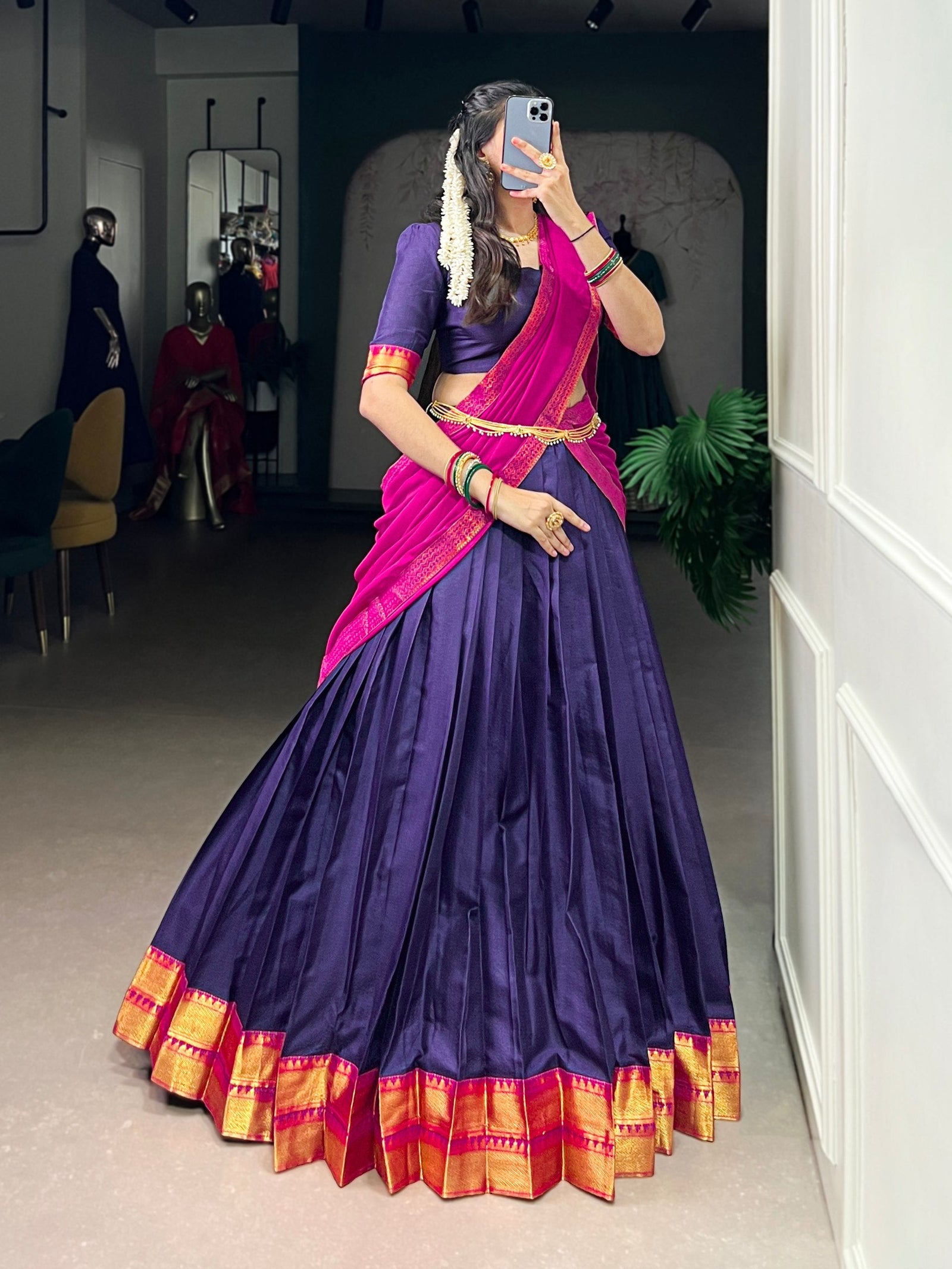 Navy Blue Elegant Poly Cotton Zari Weaving Stitched Lehenga Choli with Georgette Lace-Border Dupatta Premium Festive & Wedding Wear ClothsVilla