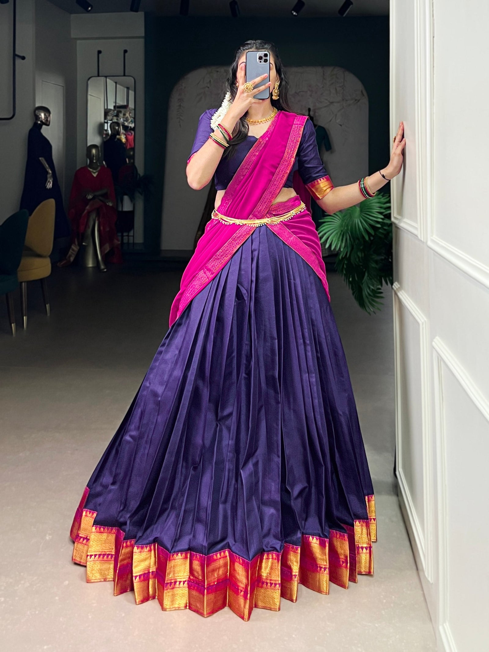 Navy Blue Elegant Poly Cotton Zari Weaving Stitched Lehenga Choli with Georgette Lace-Border Dupatta Premium Festive & Wedding Wear ClothsVilla