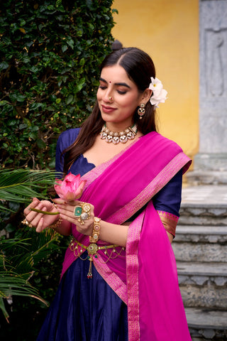 Navy Blue Elegant Poly Cotton Zari Weaving Stitched Lehenga Choli with Georgette Lace-Border Dupatta Premium Festive & Wedding Wear ClothsVilla
