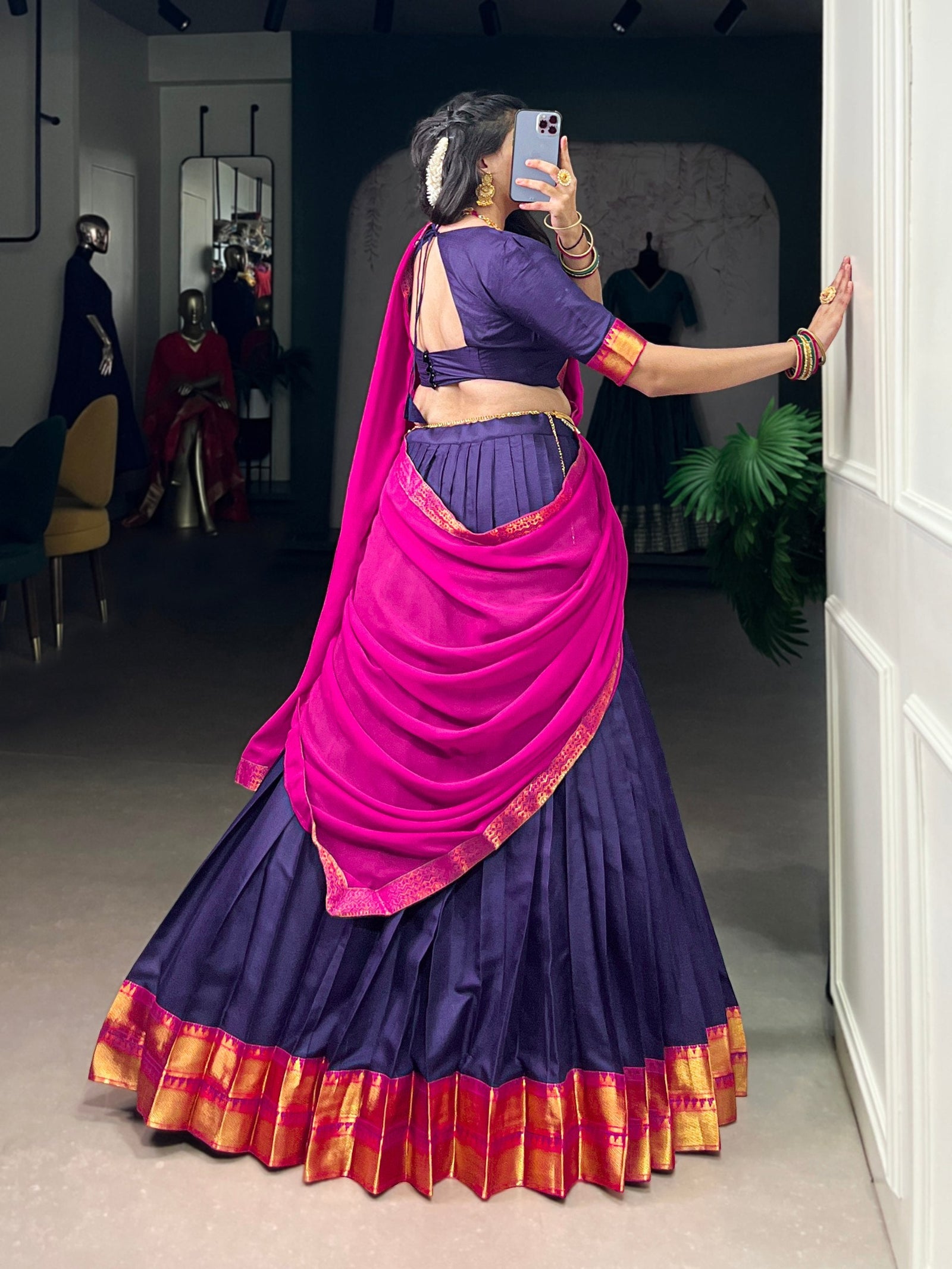 Navy Blue Elegant Poly Cotton Zari Weaving Stitched Lehenga Choli with Georgette Lace-Border Dupatta Premium Festive & Wedding Wear ClothsVilla