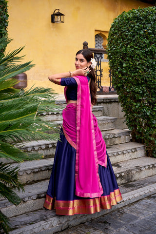 Navy Blue Elegant Poly Cotton Zari Weaving Stitched Lehenga Choli with Georgette Lace-Border Dupatta Premium Festive & Wedding Wear ClothsVilla