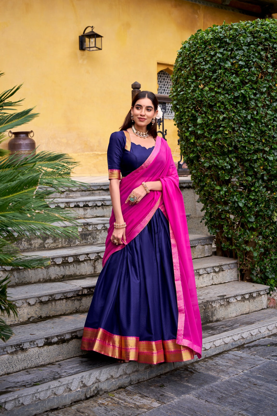 Navy Blue Elegant Poly Cotton Zari Weaving Stitched Lehenga Choli with Georgette Lace-Border Dupatta Premium Festive & Wedding Wear ClothsVilla