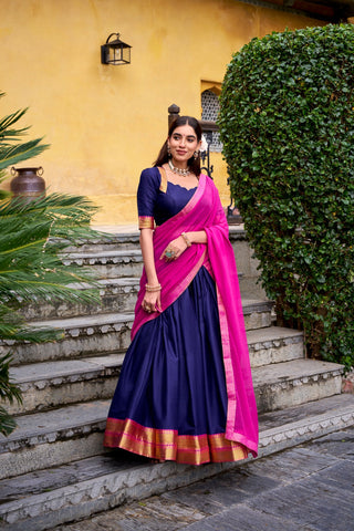 Navy Blue Elegant Poly Cotton Zari Weaving Stitched Lehenga Choli with Georgette Lace-Border Dupatta Premium Festive & Wedding Wear ClothsVilla