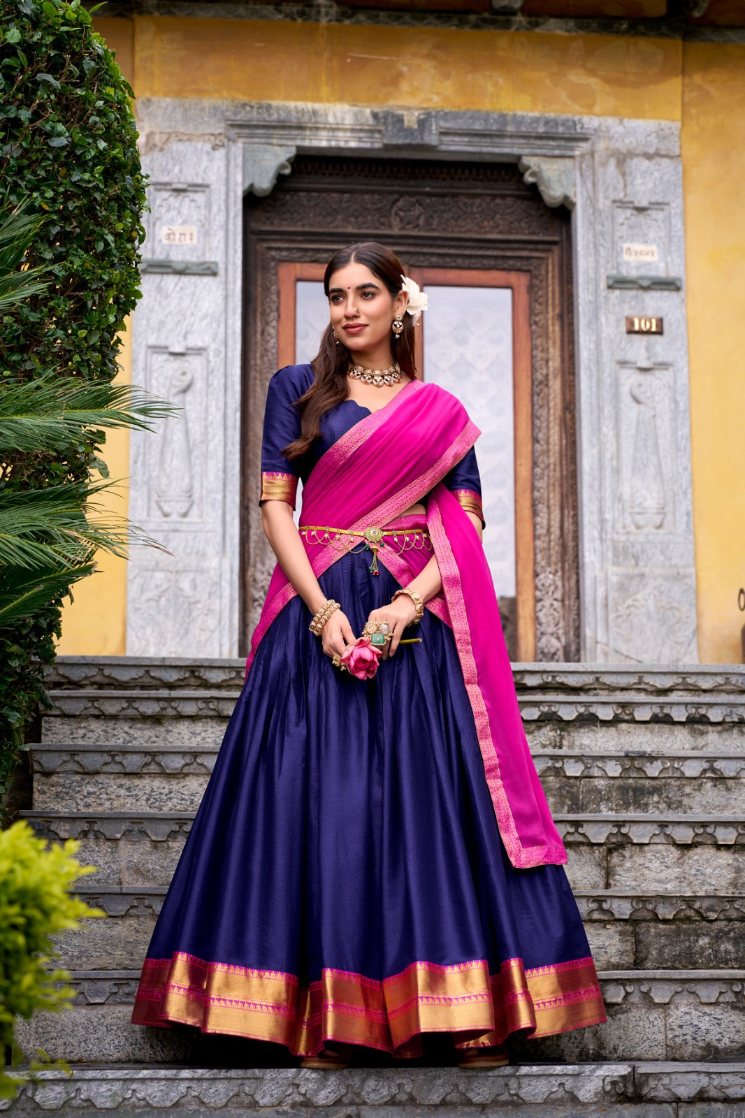 Navy Blue Elegant Poly Cotton Zari Weaving Stitched Lehenga Choli with Georgette Lace-Border Dupatta Premium Festive & Wedding Wear ClothsVilla